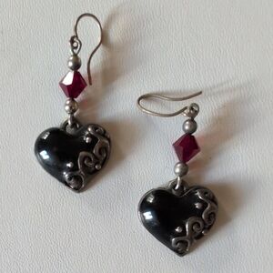 Black Heart with Silver Filigree Artistry & Red Crystal Earrings.
